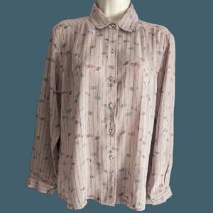 Vintage 1970s Taupe Silk Blouse with Abstract Stripes Made in Hong Kong